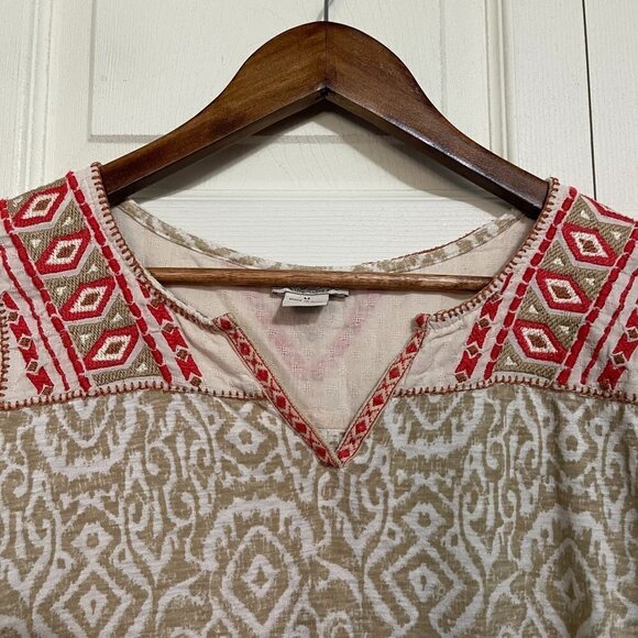 Lucky Brand Women's Tan Embroidered Split Neck Southwestern 3/4 Blouse Medium - Picture 4 of 8